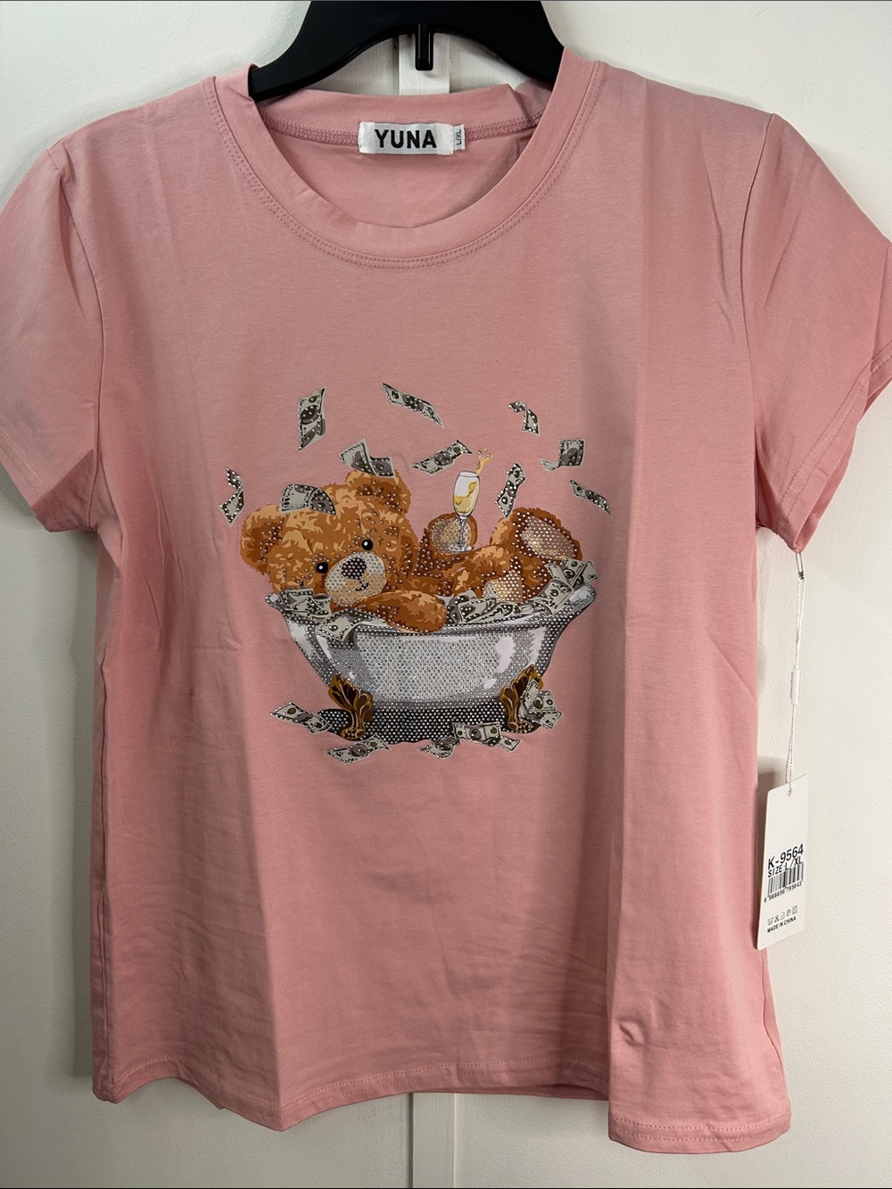 Yuna Pink Teddy Bear Graphic Short-Sleeve Tee with Embellishment